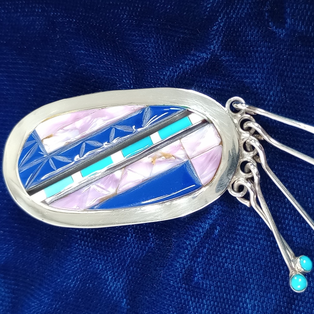 Vintage Native American Multi Stone On Sterling Silver Dangle Earrings Post - Picture 9 of 16